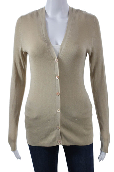 Sutton Studio Women Beige Silk Cashmere V-Neck Button Cardigan Size M