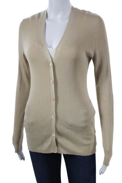 Sutton Studio Women Beige Silk Cashmere V-Neck Button Cardigan Size M