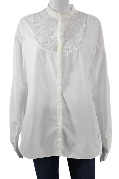 Anne Fontaine Women White Tunic Blouse High Neck Long Sleeve Button Size 44