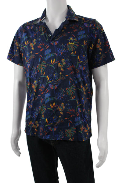 Bugatchi Mens Dark Blue Floral Button-Up Short Sleeve Shirt Size M