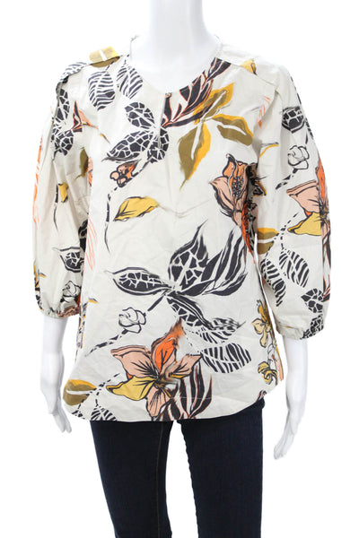 Marccain Womens Tunic Blouse Beige Floral V-Neck 3/4 Sleeve Cotton Size 2