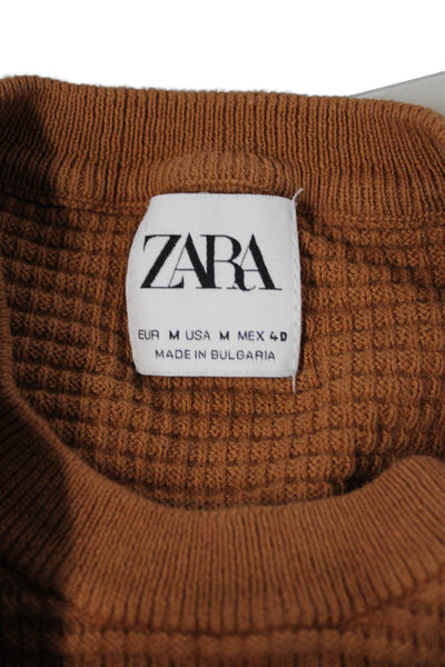 Zara Mens Brown Crew Neck T-Shirt Poly Cotton Blend Short Sleeve Size M