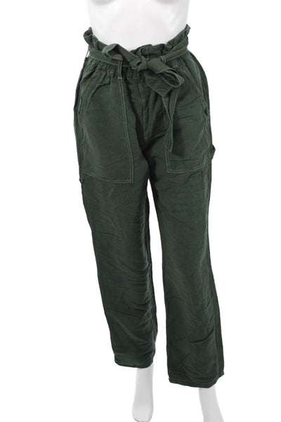 NSF Womens Cargo Paperbag Pants Green Linen Rayon Drawstring Army Size S