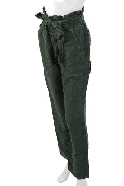 NSF Womens Cargo Paperbag Pants Green Linen Rayon Drawstring Army Size S