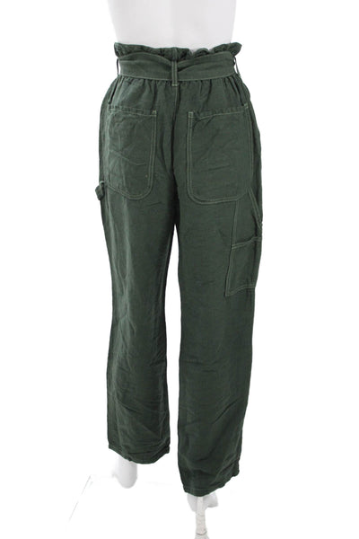 NSF Womens Cargo Paperbag Pants Green Linen Rayon Drawstring Army Size S