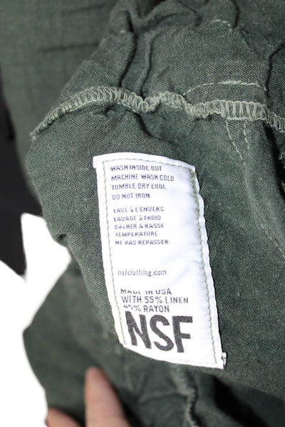 NSF Womens Cargo Paperbag Pants Green Linen Rayon Drawstring Army Size S