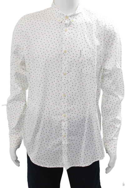 Ben Sherman Men Button-Down Shirt White Geometric Cotton Long Sleeve Size L