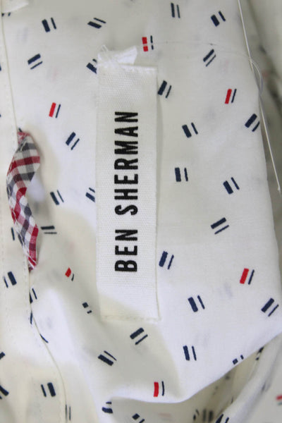 Ben Sherman Men Button-Down Shirt White Geometric Cotton Long Sleeve Size L