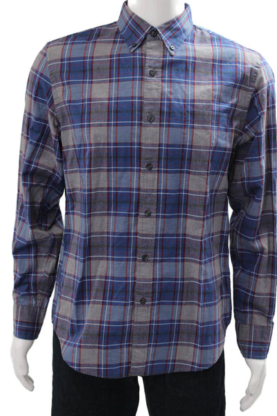 J Crew Mens Button-Down Plaid Cotton Collared Long Sleeve Blue Shirt Size M