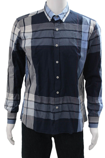 7 Diamonds Mens Button-Down Plaid Collared Long Sleeve Dark Blue Cotton Size M