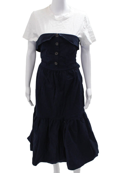 Sea Womens Dark Blue Overall Dress Short Sleeve Mid Calf Cotton Size 10