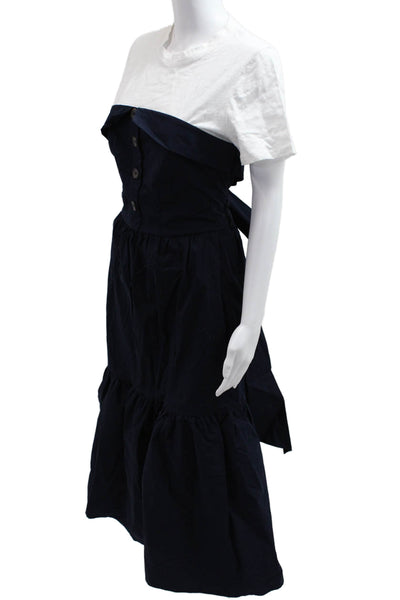 Sea Womens Dark Blue Overall Dress Short Sleeve Mid Calf Cotton Size 10