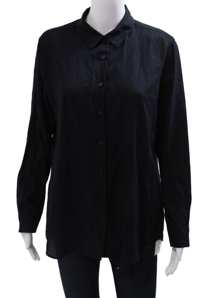 Uniqlo Womens Collared Long Sleeve Button-Up Top Black Rayon Blend Size M