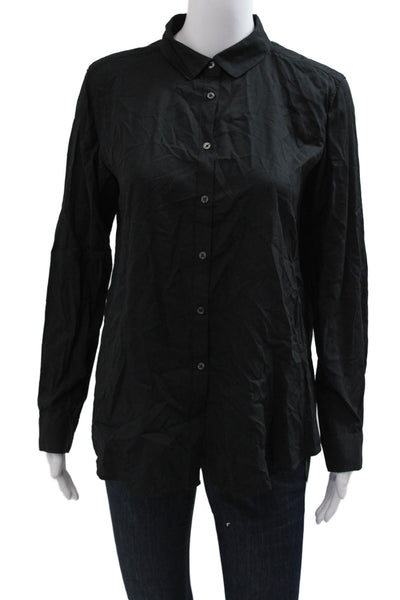 Uniqlo Women Collared Button-Up Rayon Long Sleeve Basic Black Top Size M
