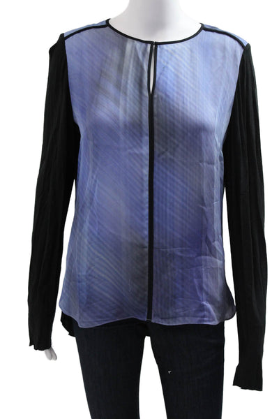 Elie Tahari Women Black Silk Designer Long Sleeve Blouse Zip Round Neck Size M