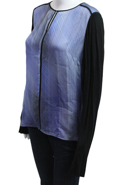 Elie Tahari Women Black Silk Designer Long Sleeve Blouse Zip Round Neck Size M