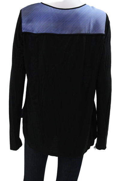 Elie Tahari Women Black Silk Designer Long Sleeve Blouse Zip Round Neck Size M