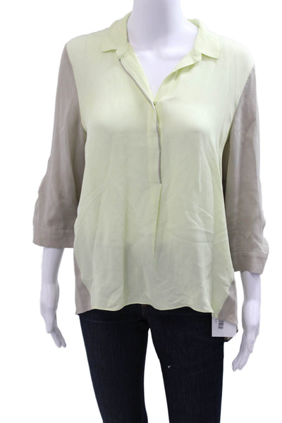 Elie Tahari Women Collared Button 100% Silk Blouse Beige 3/4 Sleeve Size M
