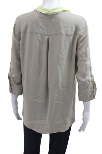 Elie Tahari Women Collared Button 100% Silk Blouse Beige 3/4 Sleeve Size M