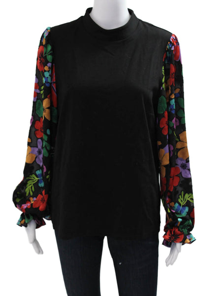 Saint + Sofia Women Black Mock Neck Floral Long Sleeve Button Blouse Size 8