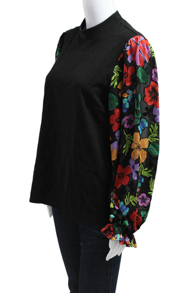 Saint + Sofia Women Black Mock Neck Floral Long Sleeve Button Blouse Size 8