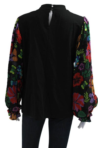 Saint + Sofia Women Black Mock Neck Floral Long Sleeve Button Blouse Size 8