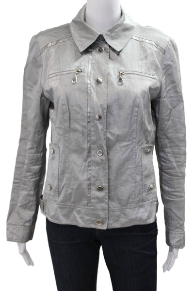 BASLER Womens Gray Linen Viscose Windbreaker Button Collar Long Sleeve Size 38