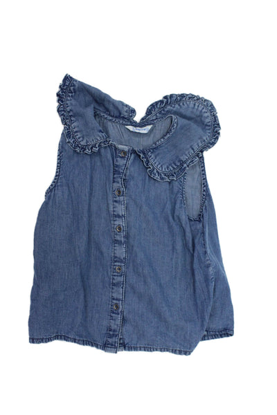 Mayoral Girls Cotton Ruffled Sleeveless Button-Down Shirt Blue Size 6