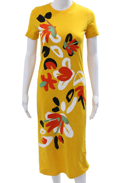 Tanya Taylor Womens Yellow Floral T-Shirt Dress Short Sleeve Midi Size XS