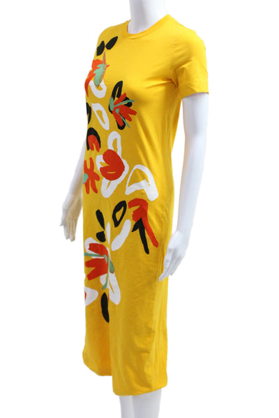 Tanya Taylor Womens Yellow Floral T-Shirt Dress Short Sleeve Midi Size XS