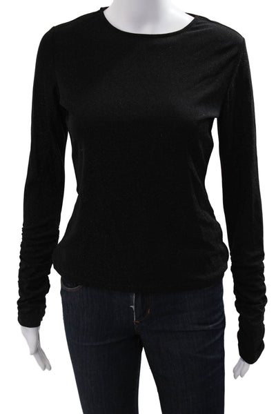 Lini Women Basic Black Long Sleeve Round Neck Top Metallic Blend Size S