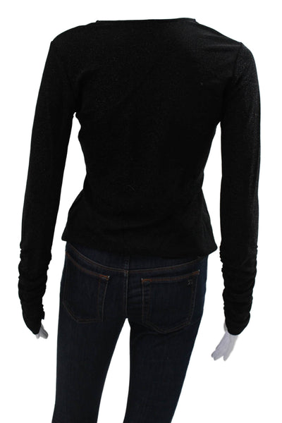 Lini Women Basic Black Long Sleeve Round Neck Top Metallic Blend Size S