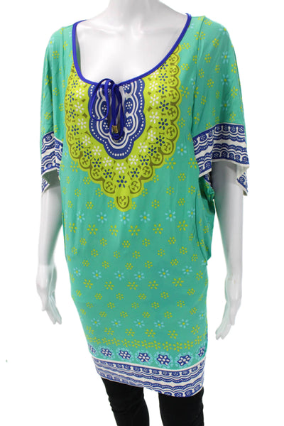 Trina Turk Women Kaftan Top Blue Geometric Round Neck Short Sleeve Size XS