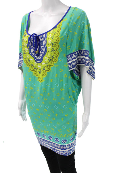 Trina Turk Women Kaftan Top Blue Geometric Round Neck Short Sleeve Size XS