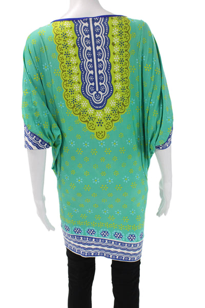 Trina Turk Women Kaftan Top Blue Geometric Round Neck Short Sleeve Size XS