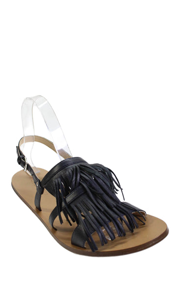 J Crew Womens Leather Fringe Slingbacks Sandals Black Size 8