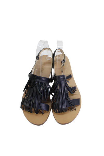 J Crew Womens Leather Fringe Slingbacks Sandals Black Size 8