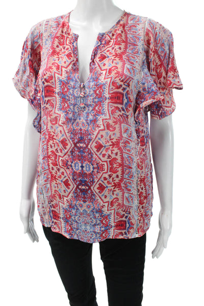Parker Womens Silk Paisley Tunic Blouse Red Button Short Sleeve Size S