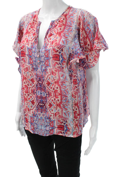 Parker Womens Silk Paisley Tunic Blouse Red Button Short Sleeve Size S