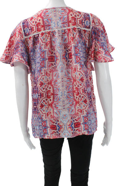 Parker Womens Silk Paisley Tunic Blouse Red Button Short Sleeve Size S