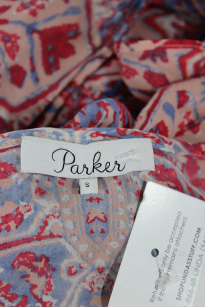 Parker Womens Silk Paisley Tunic Blouse Red Button Short Sleeve Size S