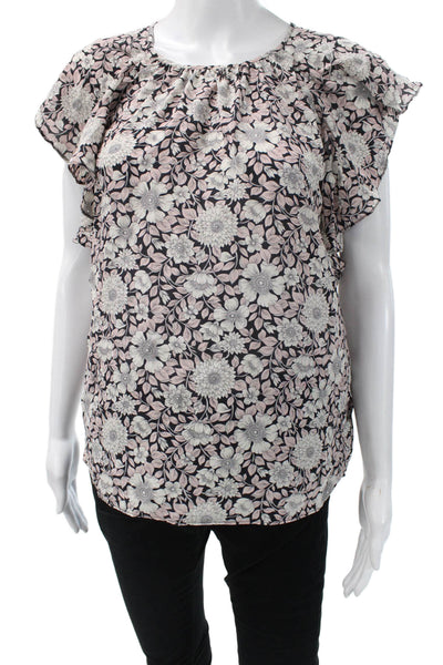 Rebecca Taylor Women Black Floral Silk Round Neck Short Sleeve Blouse Size 4