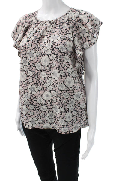 Rebecca Taylor Women Black Floral Silk Round Neck Short Sleeve Blouse Size 4