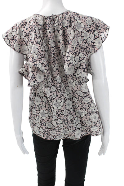 Rebecca Taylor Women Black Floral Silk Round Neck Short Sleeve Blouse Size 4
