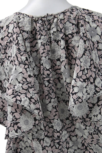 Rebecca Taylor Women Black Floral Silk Round Neck Short Sleeve Blouse Size 4