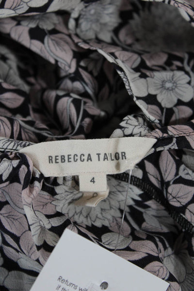 Rebecca Taylor Women Black Floral Silk Round Neck Short Sleeve Blouse Size 4