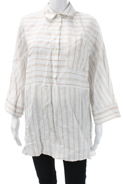 Lafayette 148 New York Women White Striped Tunic Button-Up 3/4 Sleeve Size S