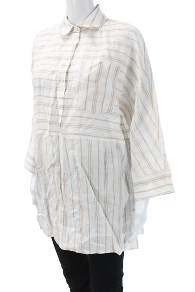 Lafayette 148 New York Women White Striped Tunic Button-Up 3/4 Sleeve Size S