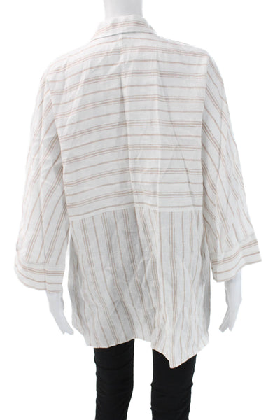 Lafayette 148 New York Women White Striped Tunic Button-Up 3/4 Sleeve Size S