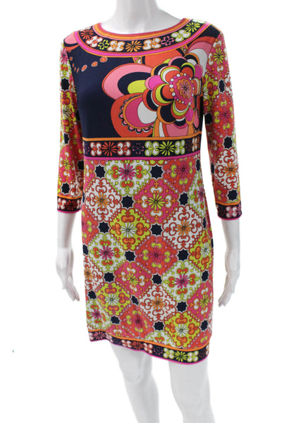 Trina Turk Womens Shift Dress Multi-Color Floral Round Neck 3/4 Sleeve Size 2